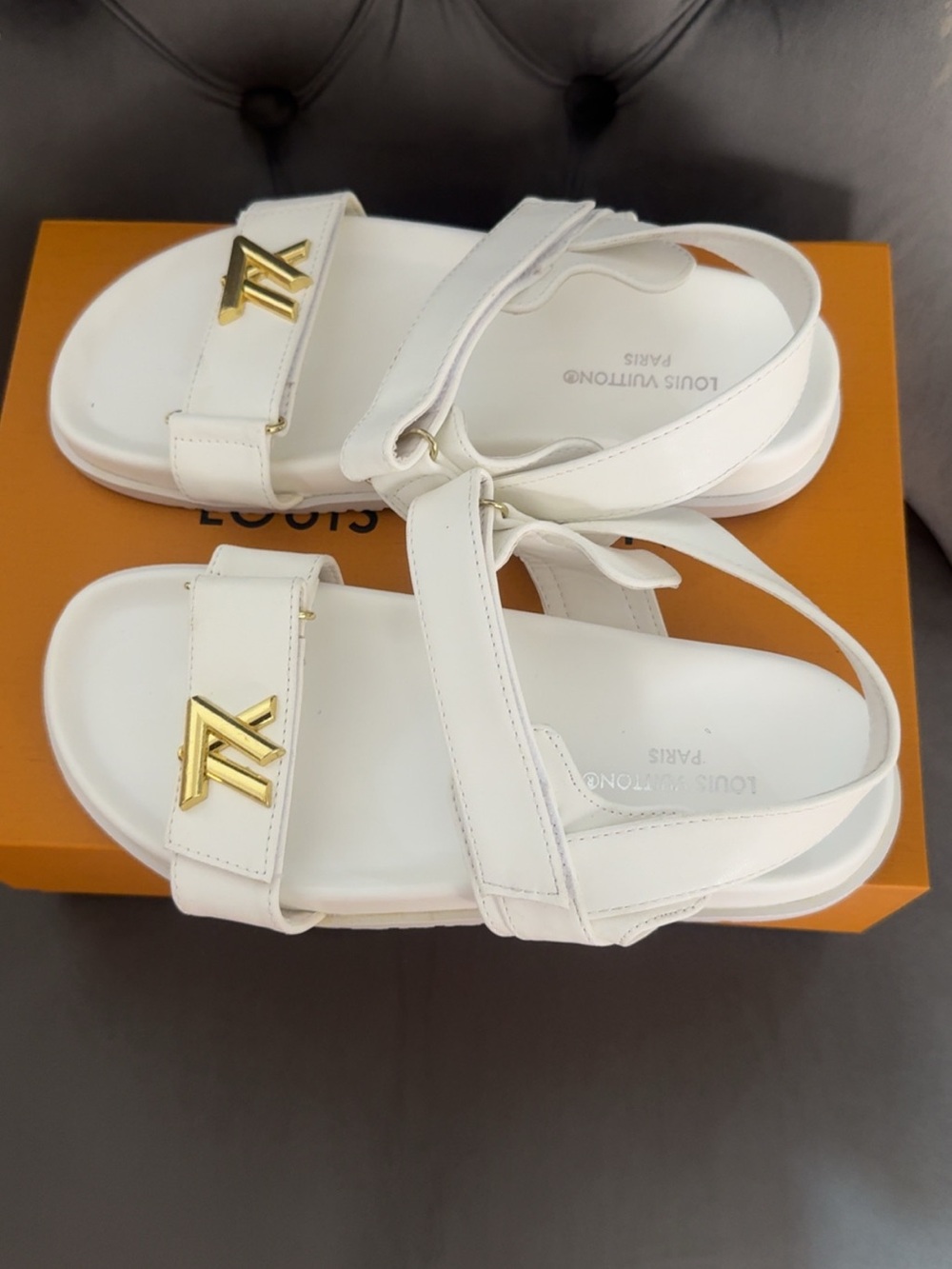 Louis Vuitton White Leather Sandals with Gold LV Accent